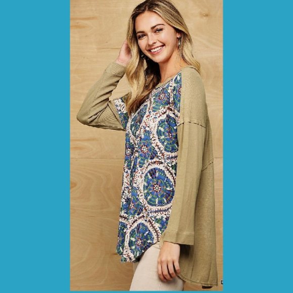 New GIGIO Size S M Zen Mandala Loose Fit Raw Edge Detail Stretch Tunic Top - Picture 1 of 6